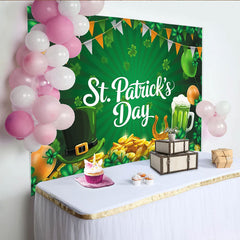 Lofaris Green St. Patrick's Day Party Backdrop with Shamrocks, Leprechaun Hat and Gold Coins, Festive Celebration Decor