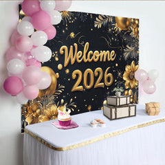 Lofaris Black and Gold Welcome 2026 New Year Backdrop, Elegant Golden Flowers and Balloons Party Decor