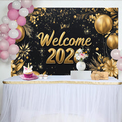 Lofaris Black and Gold Welcome 2026 Party Backdrop, Elegant New Year Celebration with Balloons and Flowers