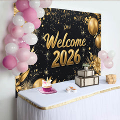 Lofaris Black and Gold Welcome 2026 Party Backdrop, Elegant New Year Celebration with Balloons and Flowers