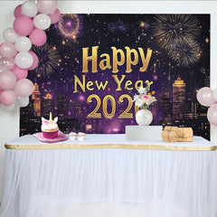Lofaris Vibrant Purple and Gold Happy New Year Party Backdrop, featuring a Dazzling City Skyline and Festive Fireworks