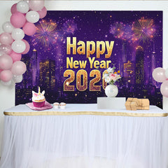 Lofaris Happy New Year 2026 Party Backdrop with Glittering Gold Text, City Skyline and Sparkling Light Displays