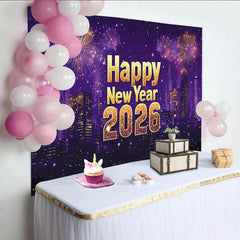 Lofaris Happy New Year 2026 Party Backdrop with Glittering Gold Text, City Skyline and Sparkling Light Displays