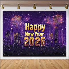 Lofaris Happy New Year 2026 Party Backdrop with Glittering Gold Text, City Skyline and Sparkling Light Displays