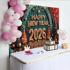 Lofaris Happy New Year 2026 Party Backdrop with Festive Christmas Trees, Red Curtains and Golden Ornaments