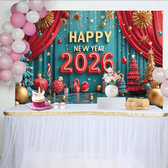 Lofaris Happy New Year 2026 Party Backdrop with Festive Red Teal and Gold Ornaments, Christmas Trees and Holiday Decor