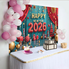 Lofaris Happy New Year 2026 Party Backdrop with Festive Red Teal and Gold Ornaments, Christmas Trees and Holiday Decor