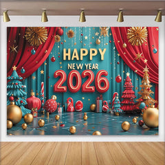 Lofaris Happy New Year 2026 Party Backdrop with Festive Red Teal and Gold Ornaments, Christmas Trees and Holiday Decor