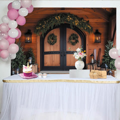 Lofaris Rustic Wooden Door Christmas Backdrop with Wreaths, String Lights and Pine Trees, Winter Holiday Party Decor