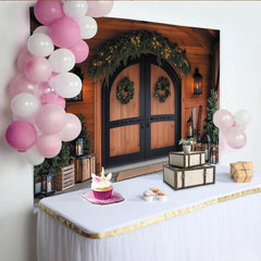Lofaris Rustic Wooden Door Christmas Backdrop with Wreaths, String Lights and Pine Trees, Winter Holiday Party Decor