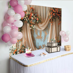 Lofaris Elegant Peach and Orange Floral Wedding Backdrop, Draped Fabric Rustic Wall Photo Background.