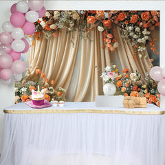 Lofaris Elegant Boho Floral Backdrop with Cream Drapes, featuring Peach and Orange Roses, for Wedding Party Decor