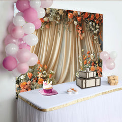 Lofaris Elegant Boho Floral Backdrop with Cream Drapes, featuring Peach and Orange Roses, for Wedding Party Decor