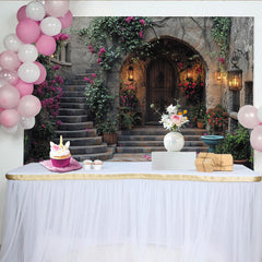 Lofaris Rustic Stone Archway Photography Backdrop with Wooden Door and Pink Bougainvillea, Vintage Courtyard Studio Prop
