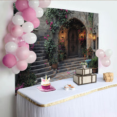 Lofaris Rustic Stone Archway Photography Backdrop with Wooden Door and Pink Bougainvillea, Vintage Courtyard Studio Prop