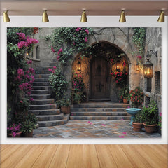 Lofaris Rustic Stone Archway Photography Backdrop with Wooden Door and Pink Bougainvillea, Vintage Courtyard Studio Prop