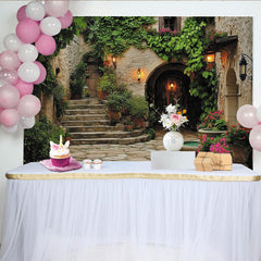 Lofaris Charming Rustic European Courtyard Photography Backdrop, Stone Walls with Arch Door, Green Ivy and Blooming Flowers