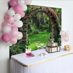 Lofaris Enchanting Lush Green Garden Stone Archway with Pink Roses Photography Backdrop, Serene Nature Path Scene for Photo
