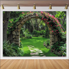 Lofaris Enchanting Lush Green Garden Stone Archway with Pink Roses Photography Backdrop, Serene Nature Path Scene for Photo