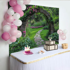 Lofaris Enchanted Garden Stone Archway with Pink Flowers and Winding Path Photography Backdrop, Lush Greenery Scene