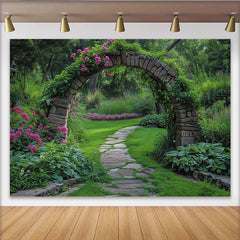 Lofaris Enchanted Garden Stone Archway with Pink Flowers and Winding Path Photography Backdrop, Lush Greenery Scene