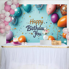 Lofaris Vibrant Blue Happy Birthday Backdrop with Colorful Balloons, Glitter Confetti and Stars for Party Celebration