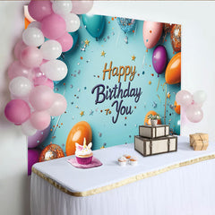 Lofaris Vibrant Blue Happy Birthday Backdrop with Colorful Balloons, Glitter Confetti and Stars for Party Celebration