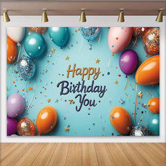 Lofaris Vibrant Blue Happy Birthday Backdrop with Colorful Balloons, Glitter Confetti and Stars for Party Celebration
