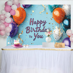 Lofaris Vibrant Balloons and Gold Confetti Light Blue Happy Birthday to You Backdrop, Festive Party Decor
