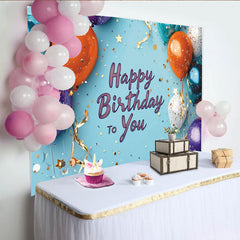 Lofaris Vibrant Balloons and Gold Confetti Light Blue Happy Birthday to You Backdrop, Festive Party Decor