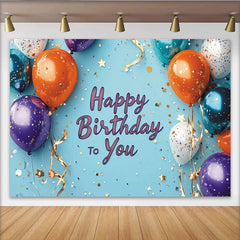 Lofaris Vibrant Balloons and Gold Confetti Light Blue Happy Birthday to You Backdrop, Festive Party Decor