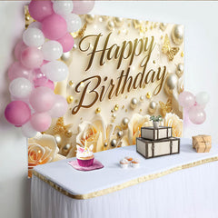 Lofaris Elegant Cream Happy Birthday Backdrop with Golden Butterflies and Pearls, Rose Floral Celebration Decor