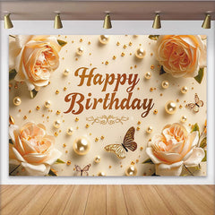Lofaris Elegant Cream Floral Happy Birthday Backdrop with Golden Pearls and Butterflies, Celebration Party Decor