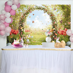 Lofaris Whimsical Spring Floral Easter Backdrop with Arch, Flying Butterflies and Colorful Eggs