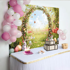 Lofaris Whimsical Spring Floral Easter Backdrop with Arch, Flying Butterflies and Colorful Eggs