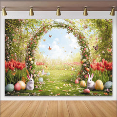 Lofaris Whimsical Spring Floral Easter Backdrop with Arch, Flying Butterflies and Colorful Eggs