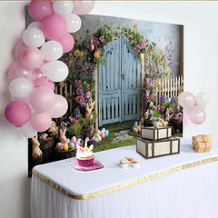 Lofaris Whimsical Spring Garden Easter Backdrop with Blue Wooden Door, White Picket Fence and Colorful Flowers, Green Grass
