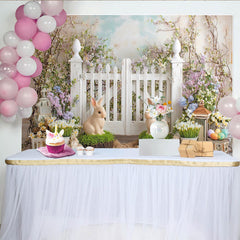 Lofaris Whimsical Easter Backdrop with White Picket Fence, Bunnies and Colorful Eggs, Spring Garden Party Decor