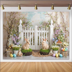 Lofaris Whimsical Easter Backdrop with White Picket Fence, Bunnies and Colorful Eggs, Spring Garden Party Decor