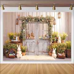 Lofaris Rustic Wooden Door Easter Backdrop with Floral Garland, Cute Bunnies and Colorful Eggs, Spring Photography Prop.