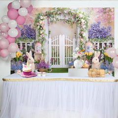 Lofaris Spring Garden Easter Backdrop with White Picket Fence Arch, Floral Garland and Colorful Eggs