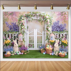 Lofaris Spring Garden Easter Backdrop with White Picket Fence Arch, Floral Garland and Colorful Eggs