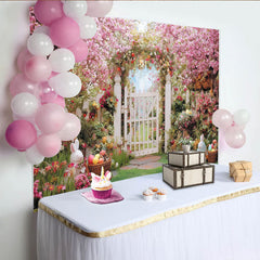 Lofaris Pink Cherry Blossom Easter Spring Garden Backdrop, White Picket Fence with Colorful Eggs, Party Decor