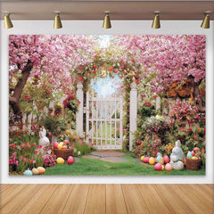 Lofaris Pink Cherry Blossom Easter Spring Garden Backdrop, White Picket Fence with Colorful Eggs, Party Decor