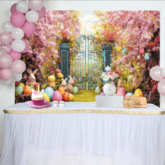 Lofaris Whimsical Easter Garden Backdrop with Cherry Blossoms, Colorful Eggs and Cute Bunnies, Spring Celebration Decor