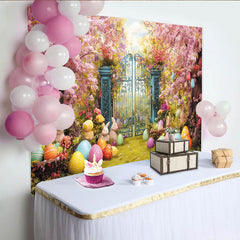 Lofaris Whimsical Easter Garden Backdrop with Cherry Blossoms, Colorful Eggs and Cute Bunnies, Spring Celebration Decor
