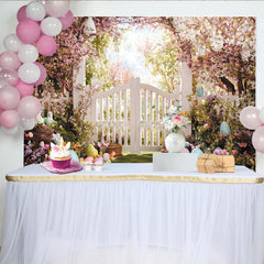 Lofaris Whimsical Spring Floral Arch Easter Backdrop, White Picket Fence Garden with Pastel Eggs and Bunnies, Party Decor.