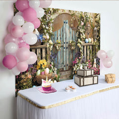 Lofaris Rustic Wooden Gate Easter Garden Backdrop with Flowering Vines, Cute Bunnies and Colorful Eggs