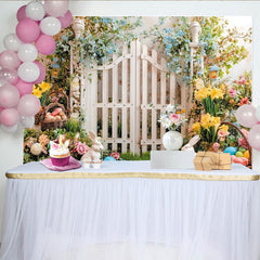 Lofaris Vibrant Spring Garden Easter Backdrop with White Picket Fence, Cute Bunnies and Colorful Eggs, for Spring Party