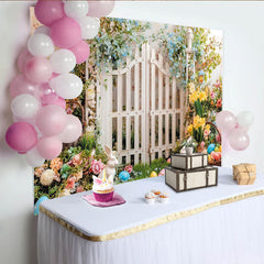 Lofaris Vibrant Spring Garden Easter Backdrop with White Picket Fence, Cute Bunnies and Colorful Eggs, for Spring Party